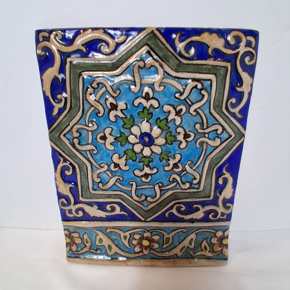Hand Painted And Glazed Persian Style Ceramic Tile Floral Appx 11.5"×9"×1" Blue